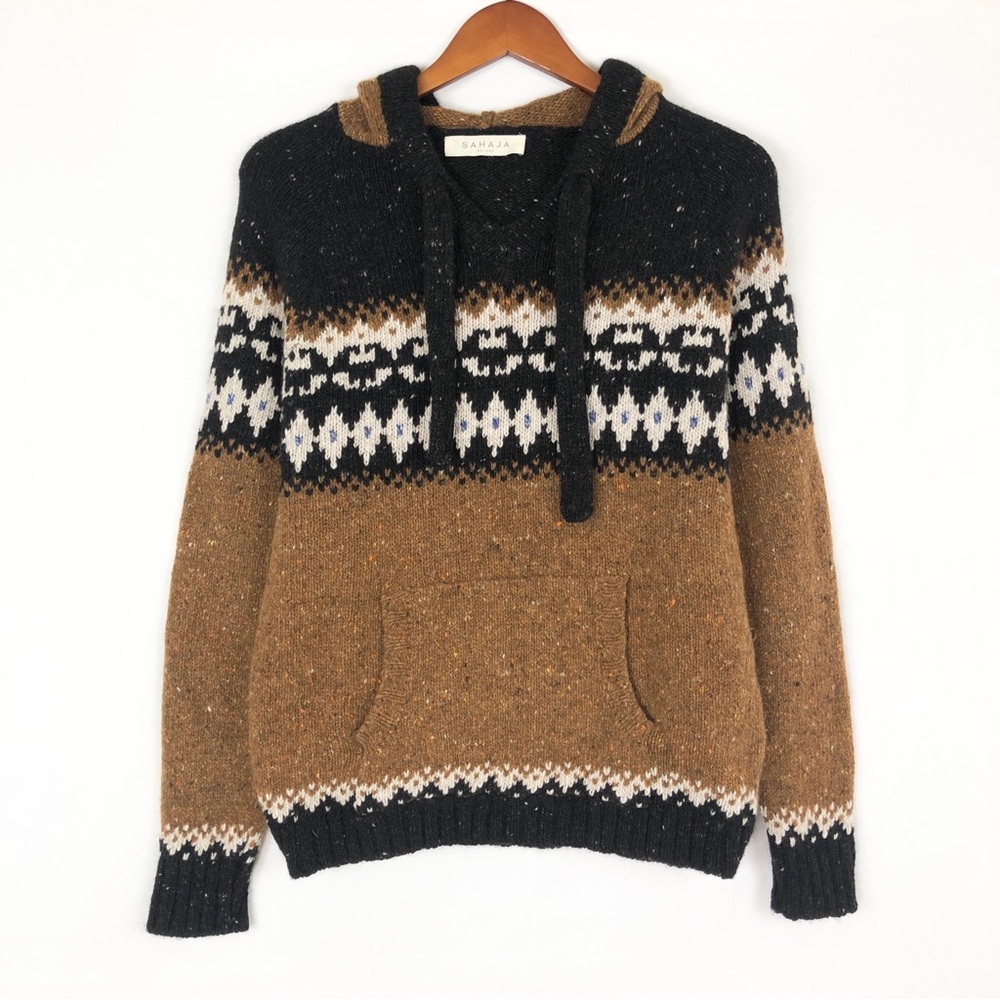 Sahaja Nature Wool Cashmere Knit Hoodie Brown Black Size S‎ USA